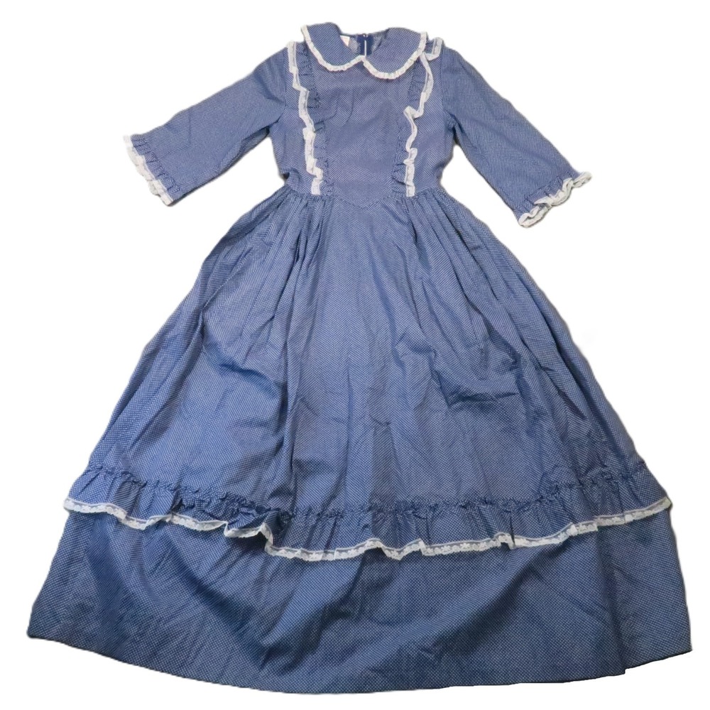Vintage Rosebud Polka Dot Prairie Dress 12 Blue Maxi Lace Trim Ruffle Cottage